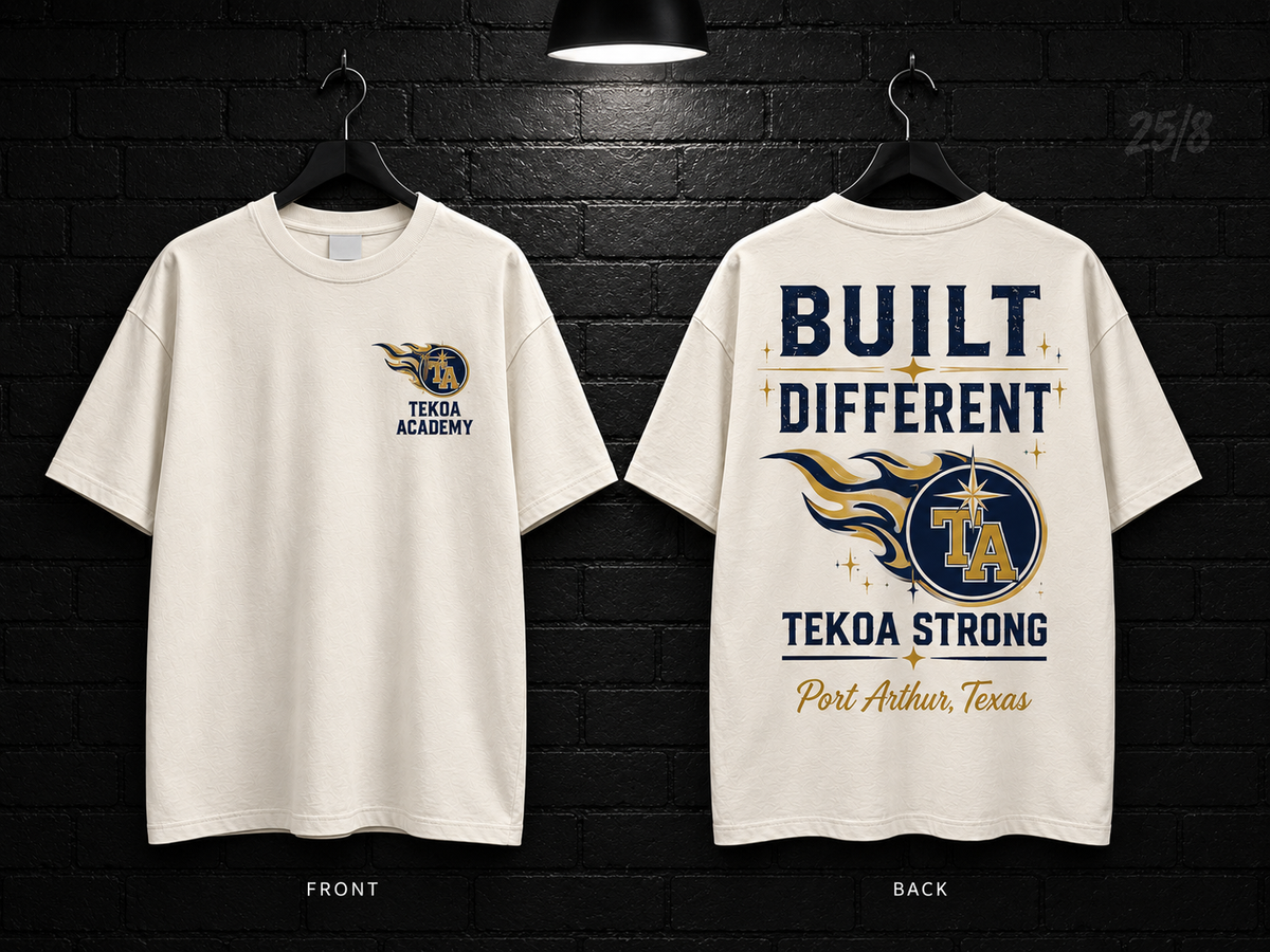 Tekoa Academy Built Different cream T-shirt mockup showing the front chest print and large back graphic, with unprinted sleeves.