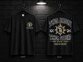Tekoa Academy Checkerboard black T-shirt mockup showing the front chest print and large back graphic, with unprinted sleeves.
