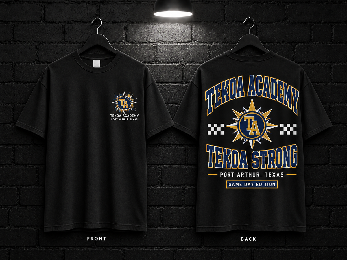 Tekoa Academy Checkerboard black T-shirt mockup showing the front chest print and large back graphic, with unprinted sleeves.