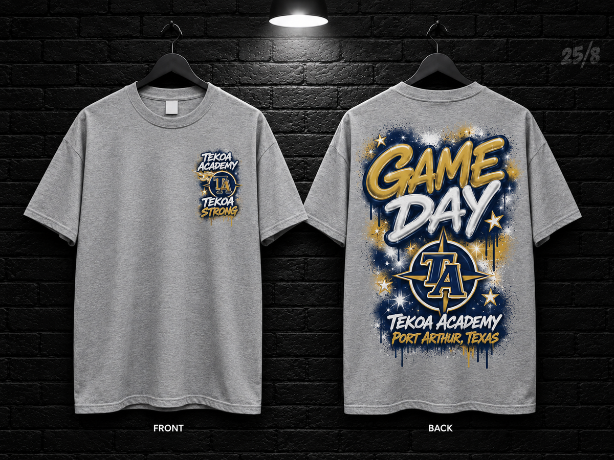 Tekoa Academy Game Day Graffiti heather gray T-shirt mockup showing the front chest print and large back graphic, with unprinted sleeves.