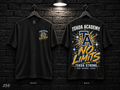 Tekoa Academy No Limits black T-shirt mockup showing the front chest print and large back graphic, with unprinted sleeves.