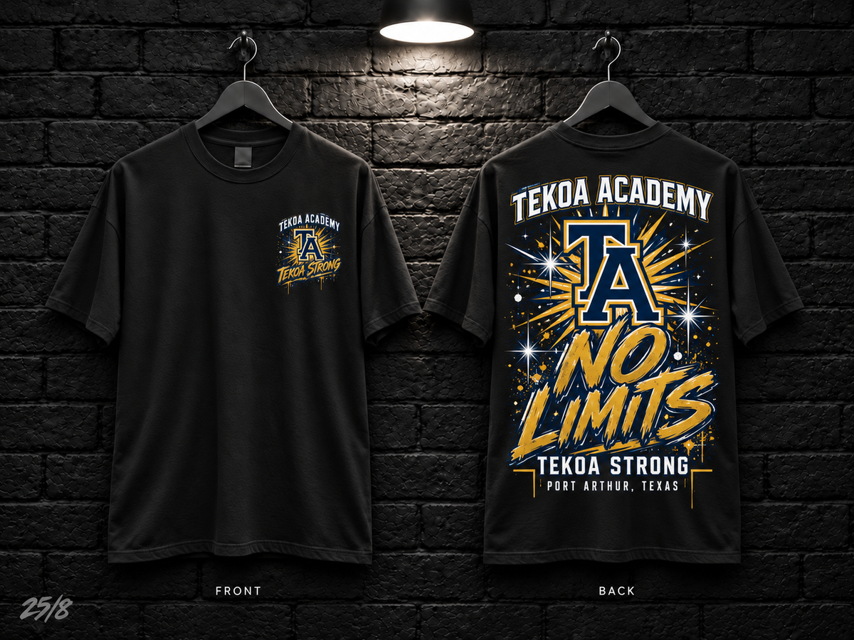 Tekoa Academy No Limits black T-shirt mockup showing the front chest print and large back graphic, with unprinted sleeves.