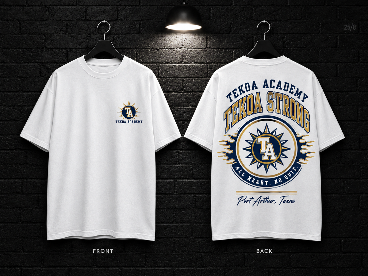 Tekoa Academy Round Crest white T-shirt mockup showing the front chest print and large back graphic, with unprinted sleeves.