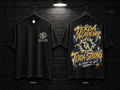 Tekoa Academy School Script black T-shirt mockup showing the front chest print and large back graphic, with unprinted sleeves.