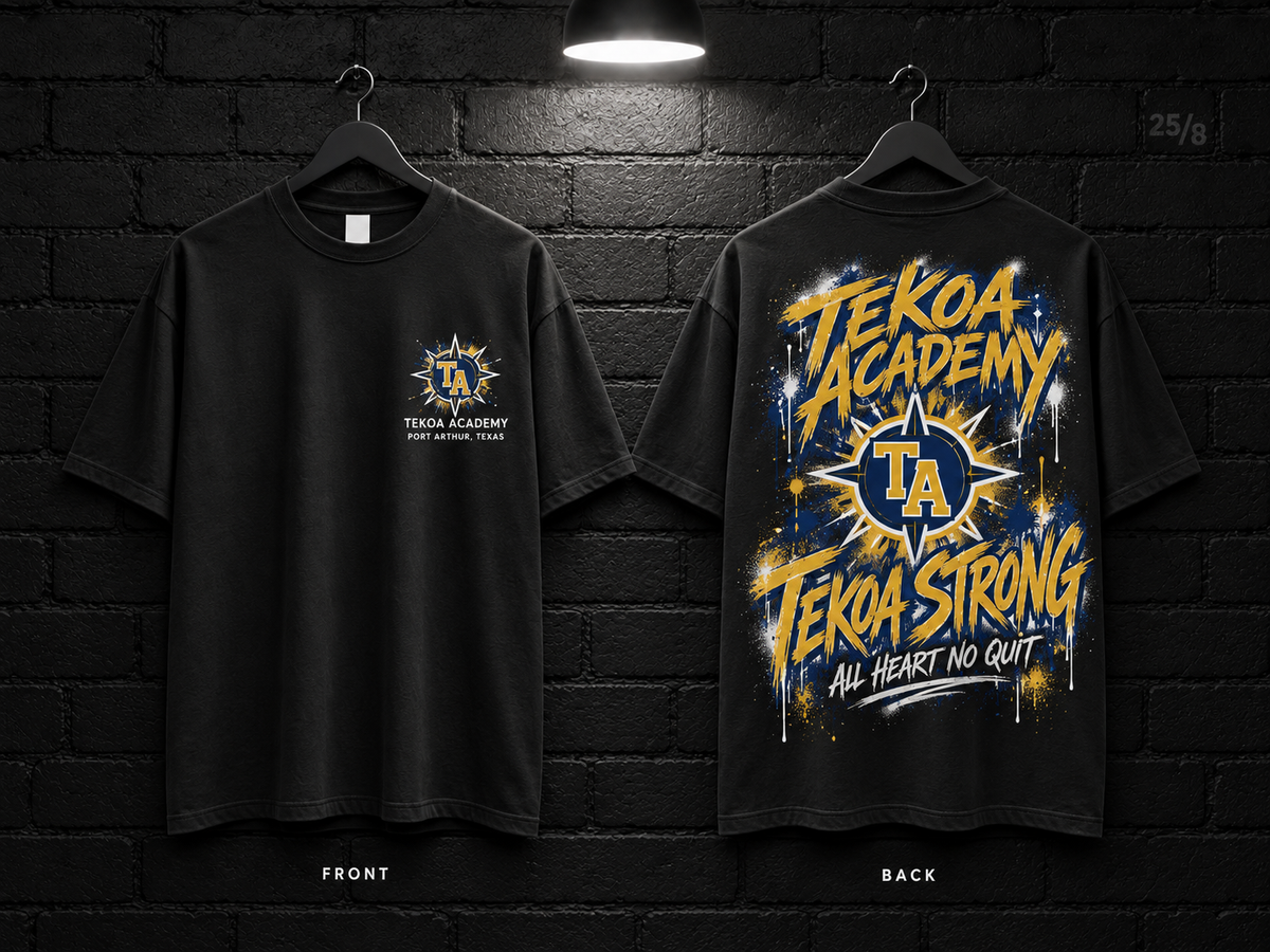 Tekoa Academy School Script black T-shirt mockup showing the front chest print and large back graphic, with unprinted sleeves.