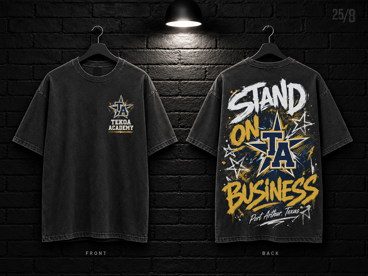 Tekoa Academy Stand on Business washed charcoal T-shirt mockup showing the front chest print and large back graphic, with unprinted sleeves.