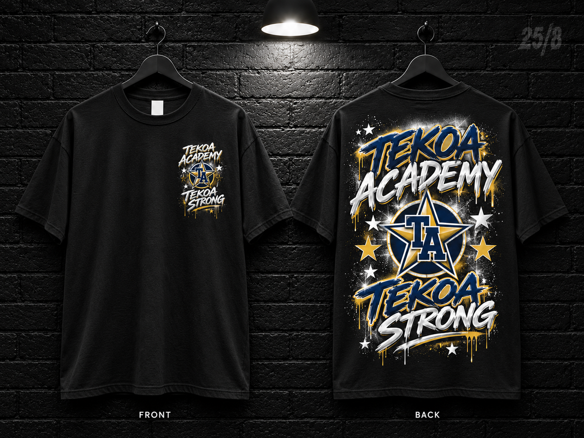 Tekoa Academy Star Graphic black T-shirt mockup showing the front chest print and large back graphic, with unprinted sleeves.