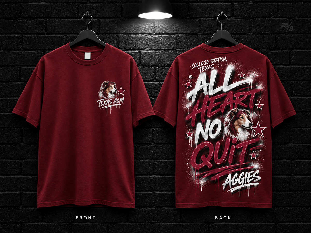 Texas A&M University All Heart No Quit Aggie maroon T-shirt mockup showing the front chest print and large back graphic, with unprinted sleeves.