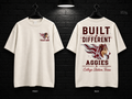 Texas A&M University Built Different cream T-shirt mockup showing the front chest print and large back graphic, with unprinted sleeves.