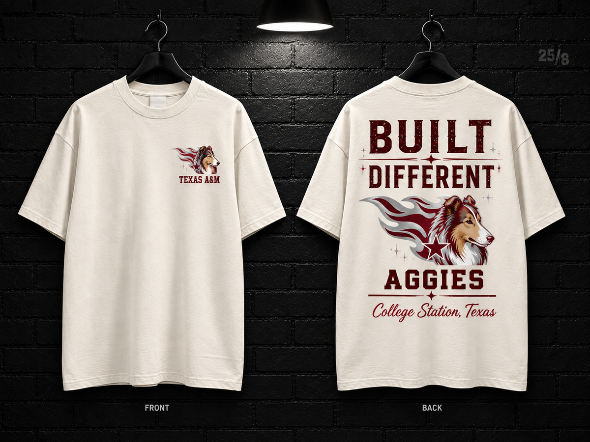 Texas A&M University Built Different cream T-shirt mockup showing the front chest print and large back graphic, with unprinted sleeves.
