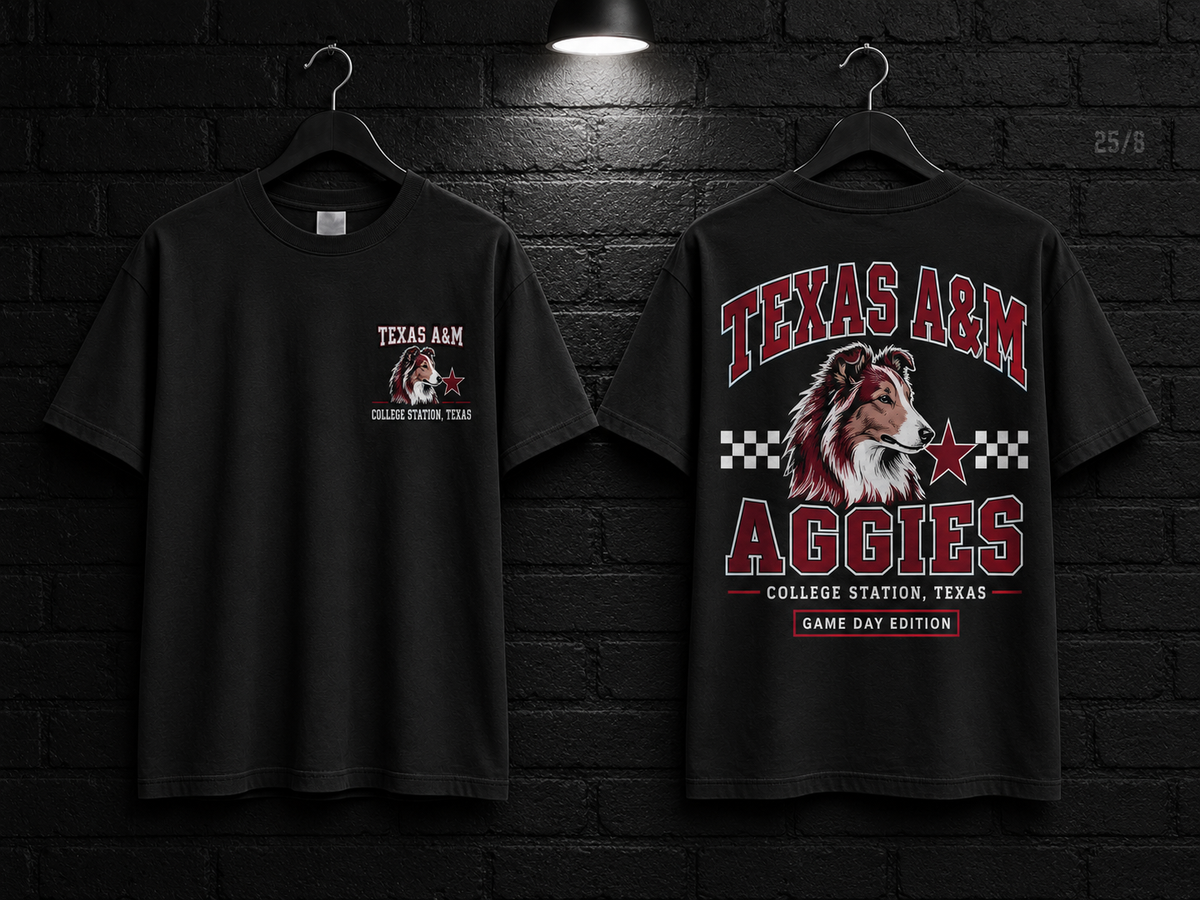 Texas A&M University Checkerboard black T-shirt mockup showing the front chest print and large back graphic, with unprinted sleeves.