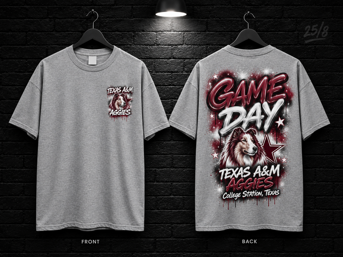 Texas A&M University Game Day Graffiti heather gray T-shirt mockup showing the front chest print and large back graphic, with unprinted sleeves.