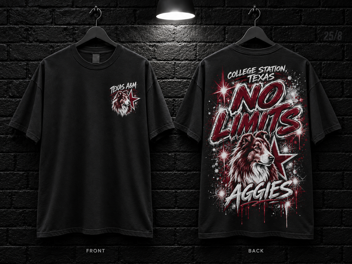 Texas A&M University No Limits black T-shirt mockup showing the front chest print and large back graphic, with unprinted sleeves.