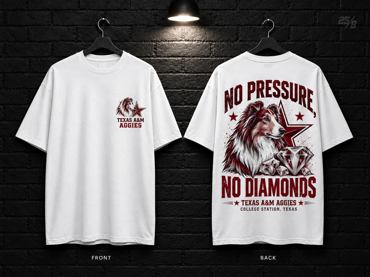 Texas A&M University No Pressure No Diamonds white T-shirt mockup showing the front chest print and large back graphic, with unprinted sleeves.