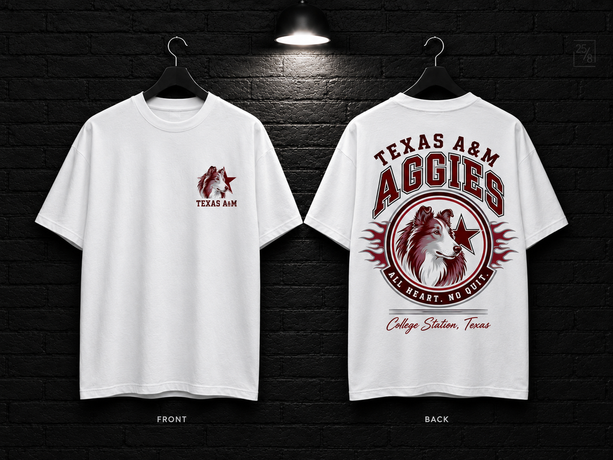 Texas A&M University Round Crest white T-shirt mockup showing the front chest print and large back graphic, with unprinted sleeves.