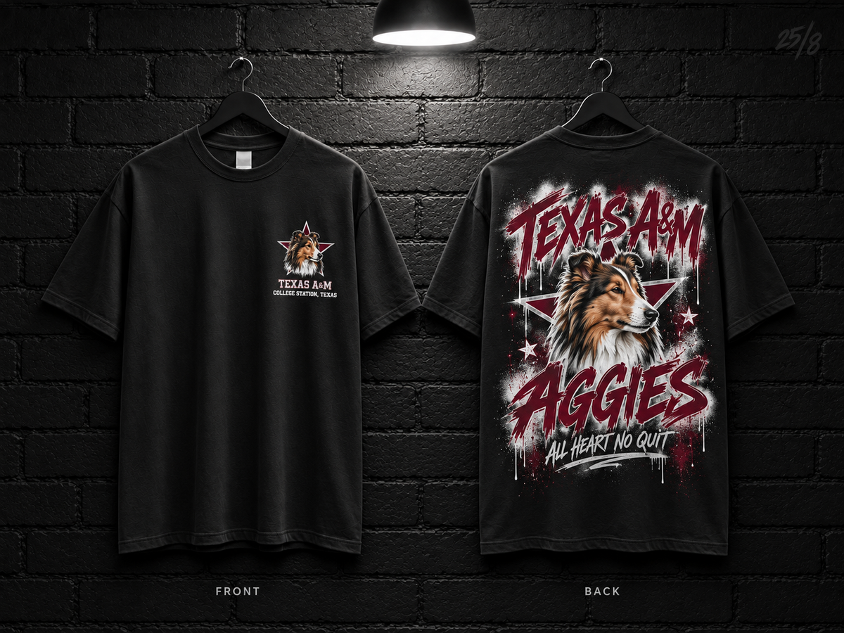 Texas A&M University School Script black T-shirt mockup showing the front chest print and large back graphic, with unprinted sleeves.
