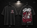 Texas A&M University Stand on Business washed charcoal T-shirt mockup showing the front chest print and large back graphic, with unprinted sleeves.