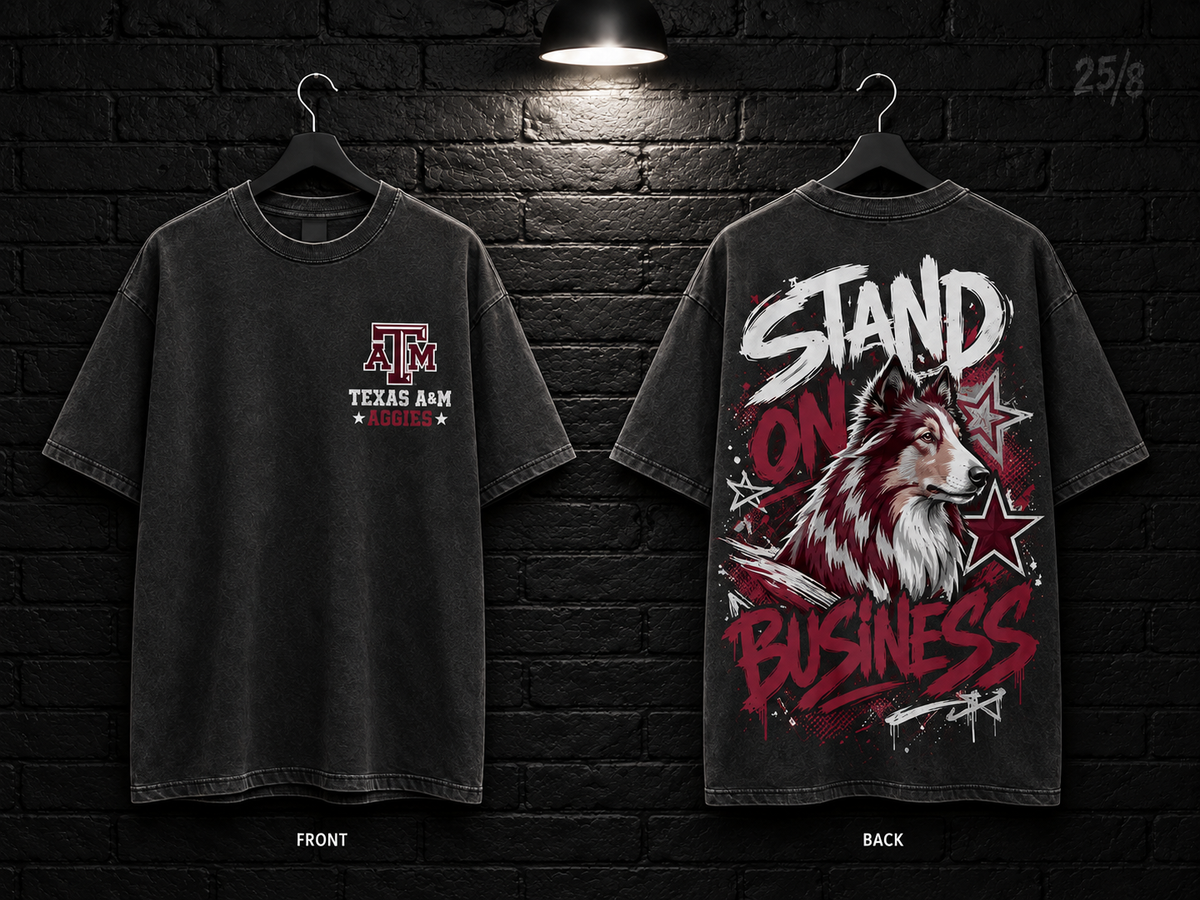 Texas A&M University Stand on Business washed charcoal T-shirt mockup showing the front chest print and large back graphic, with unprinted sleeves.