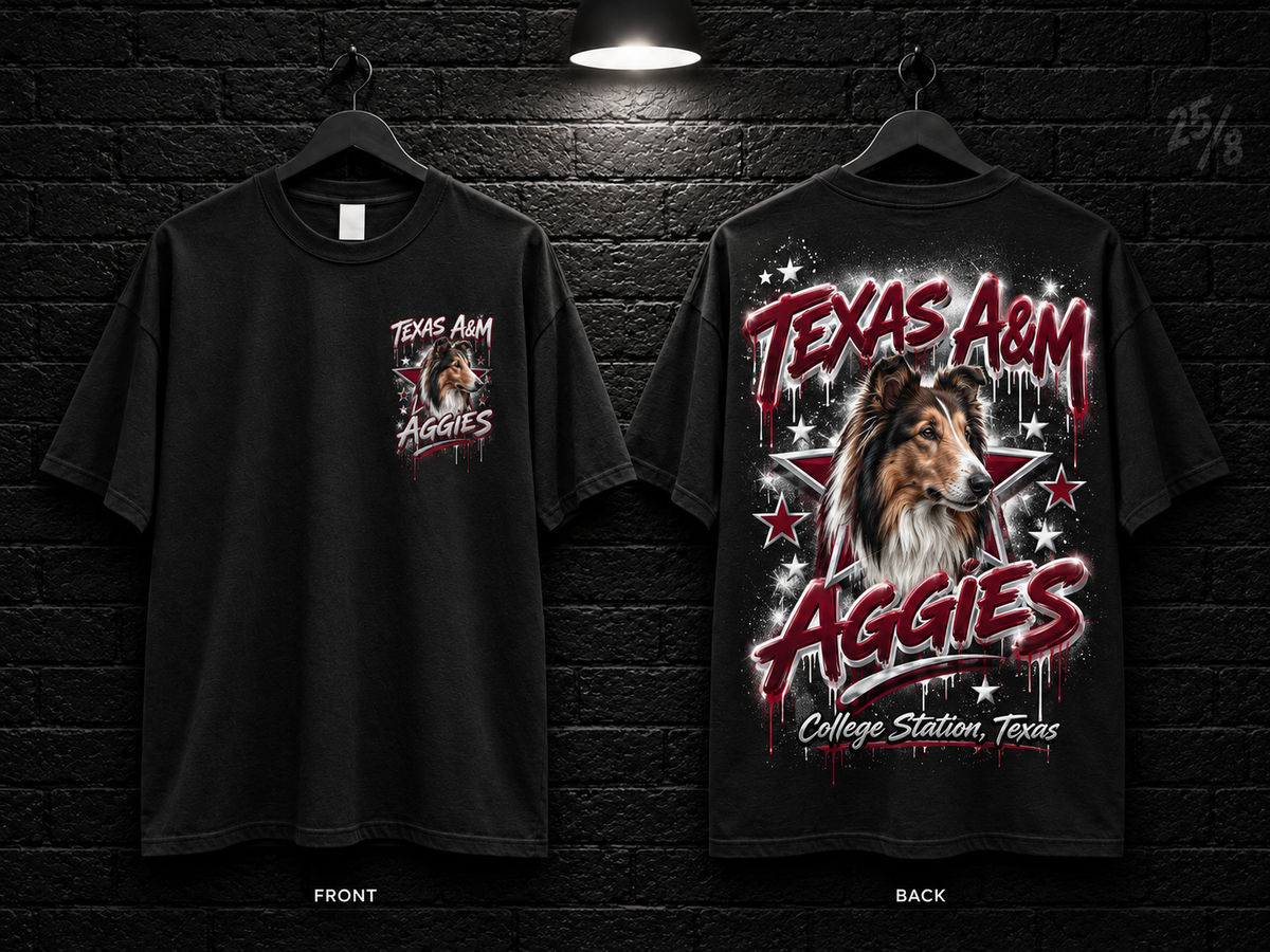 Texas A&M University Star Graphic black T-shirt mockup showing the front chest print and large back graphic, with unprinted sleeves.