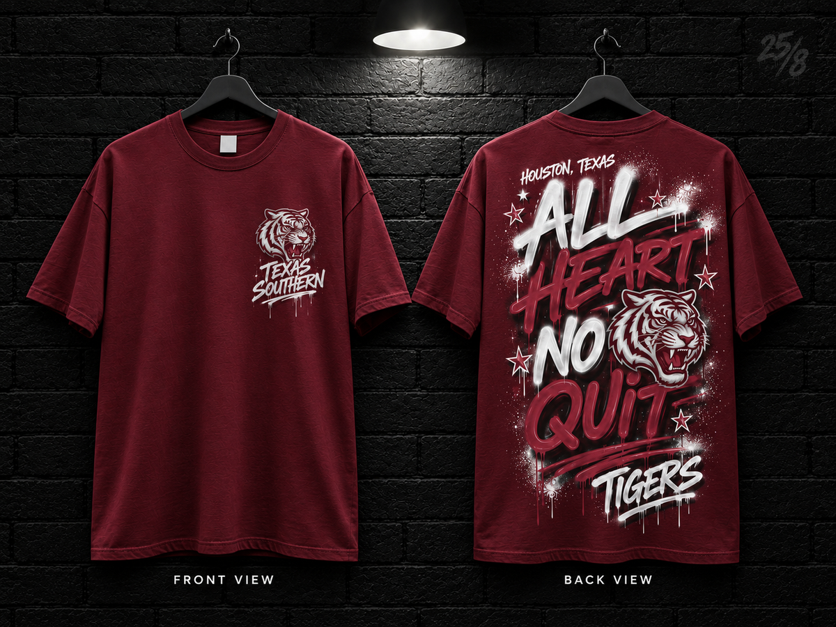 Texas Southern University All Heart No Quit maroon T-shirt mockup showing the front chest print and large back graphic, with unprinted sleeves.