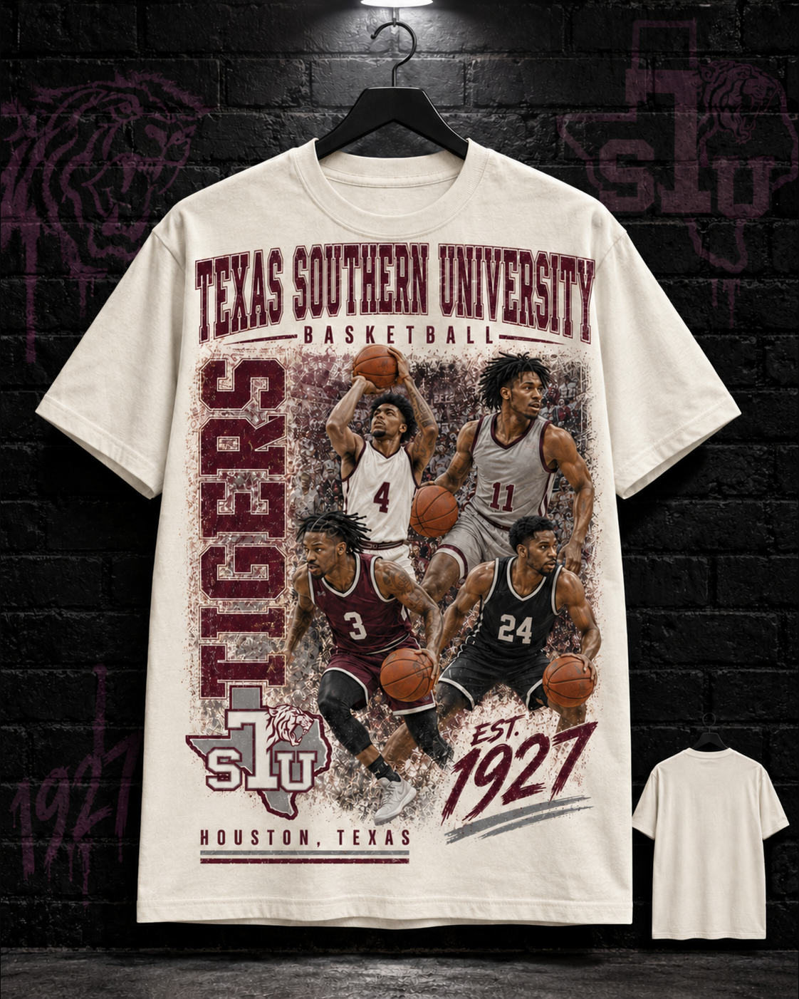 Texas Southern University Tigers basketball collage natural tee 25/8 mockup