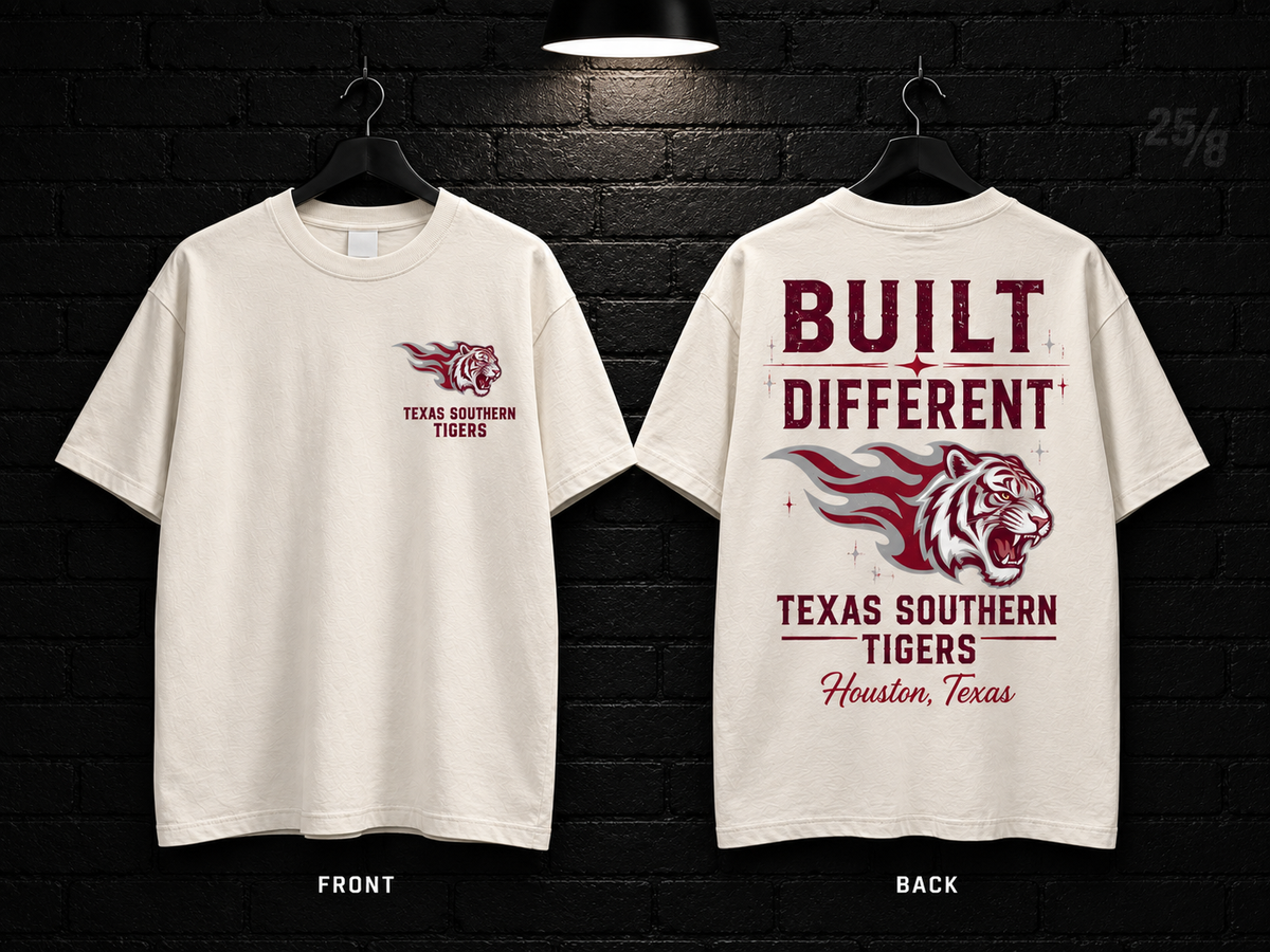 Texas Southern University Built Different cream T-shirt mockup showing the front chest print and large back graphic, with unprinted sleeves.