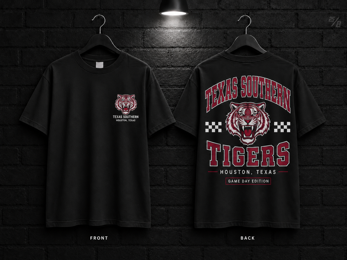 Texas Southern University Checkerboard black T-shirt mockup showing the front chest print and large back graphic, with unprinted sleeves.