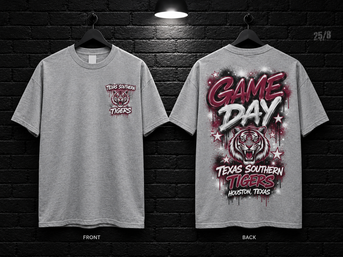 Texas Southern University Game Day Graffiti heather gray T-shirt mockup showing the front chest print and large back graphic, with unprinted sleeves.
