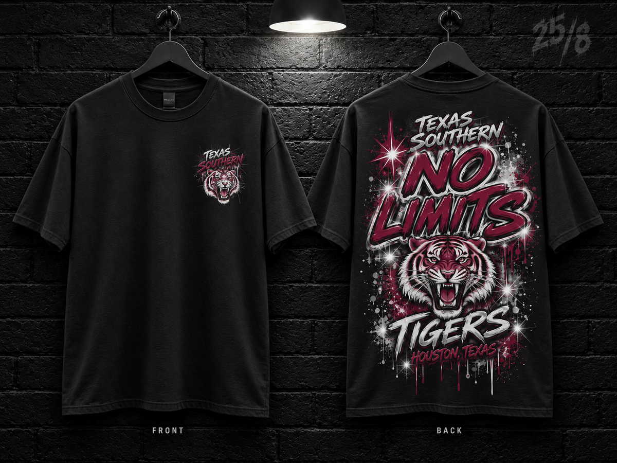 Texas Southern University No Limits black T-shirt mockup showing the front chest print and large back graphic, with unprinted sleeves.