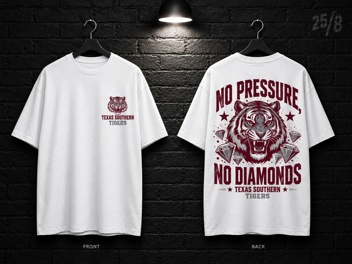 Texas Southern University No Pressure No Diamonds white T-shirt mockup showing the front chest print and large back graphic, with unprinted sleeves.