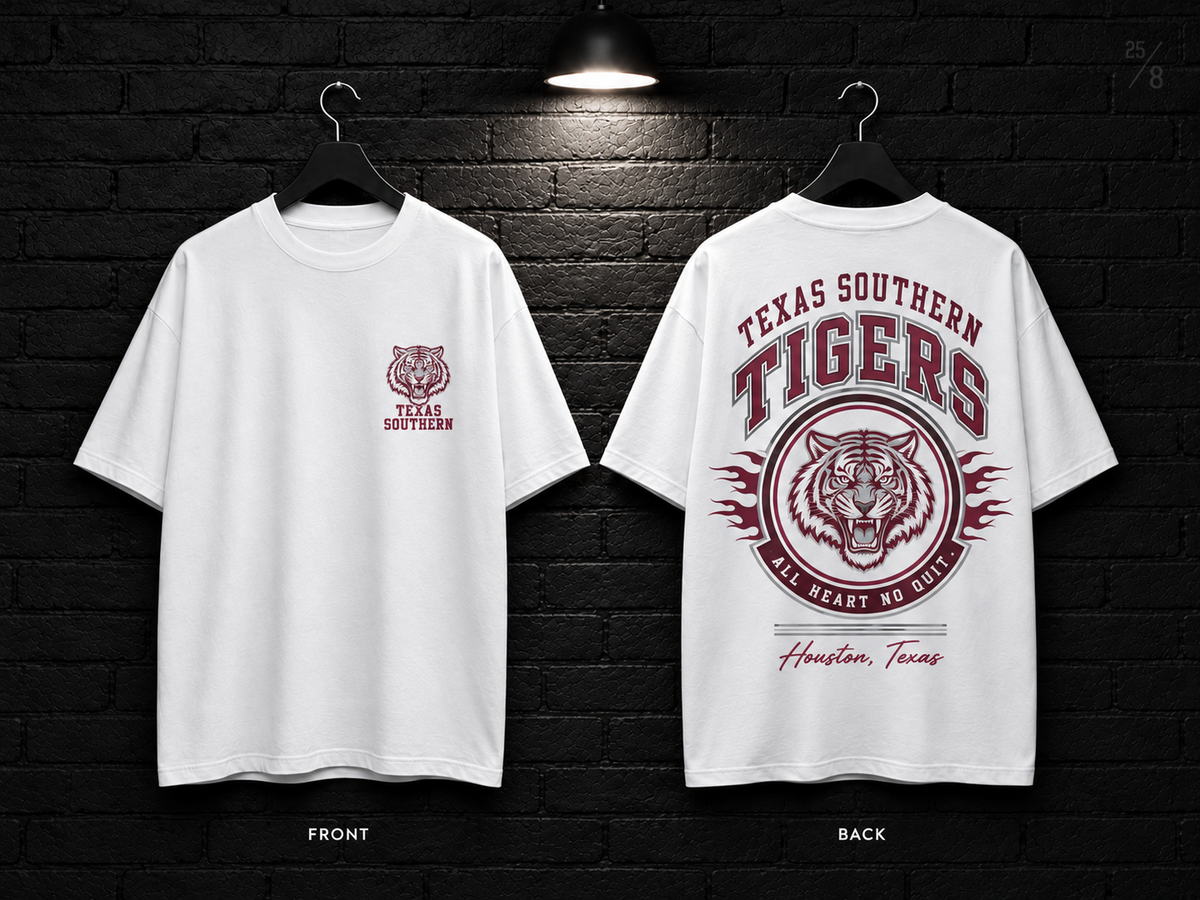 Texas Southern University Round Crest white T-shirt mockup showing the front chest print and large back graphic, with unprinted sleeves.