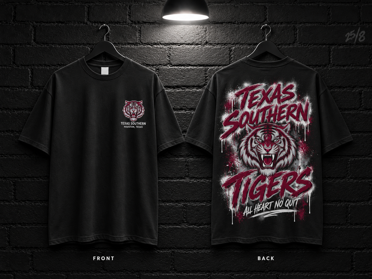 Texas Southern University School Script black T-shirt mockup showing the front chest print and large back graphic, with unprinted sleeves.