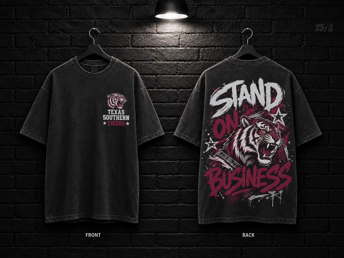 Texas Southern University Stand on Business washed charcoal T-shirt mockup showing the front chest print and large back graphic, with unprinted sleeves.