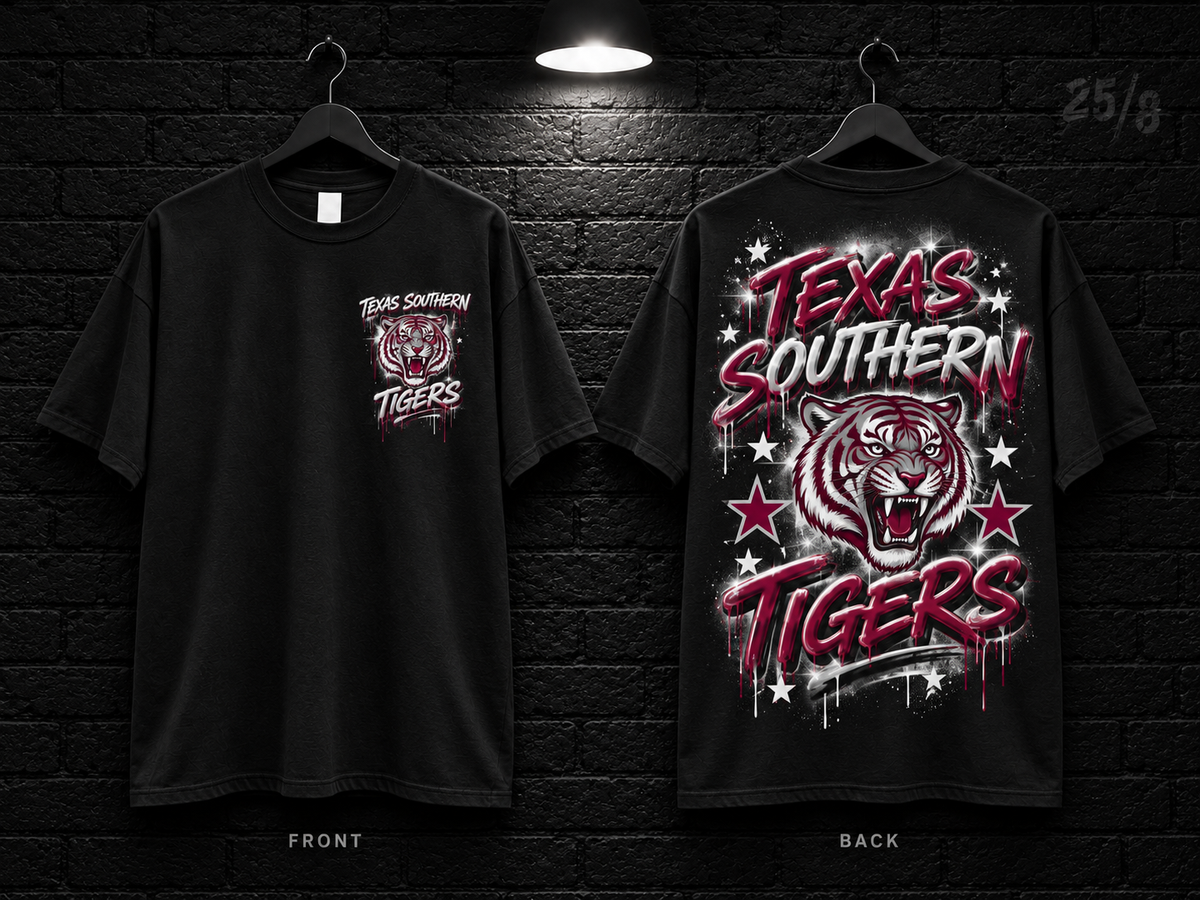 Texas Southern University Star Graphic black T-shirt mockup showing the front chest print and large back graphic, with unprinted sleeves.