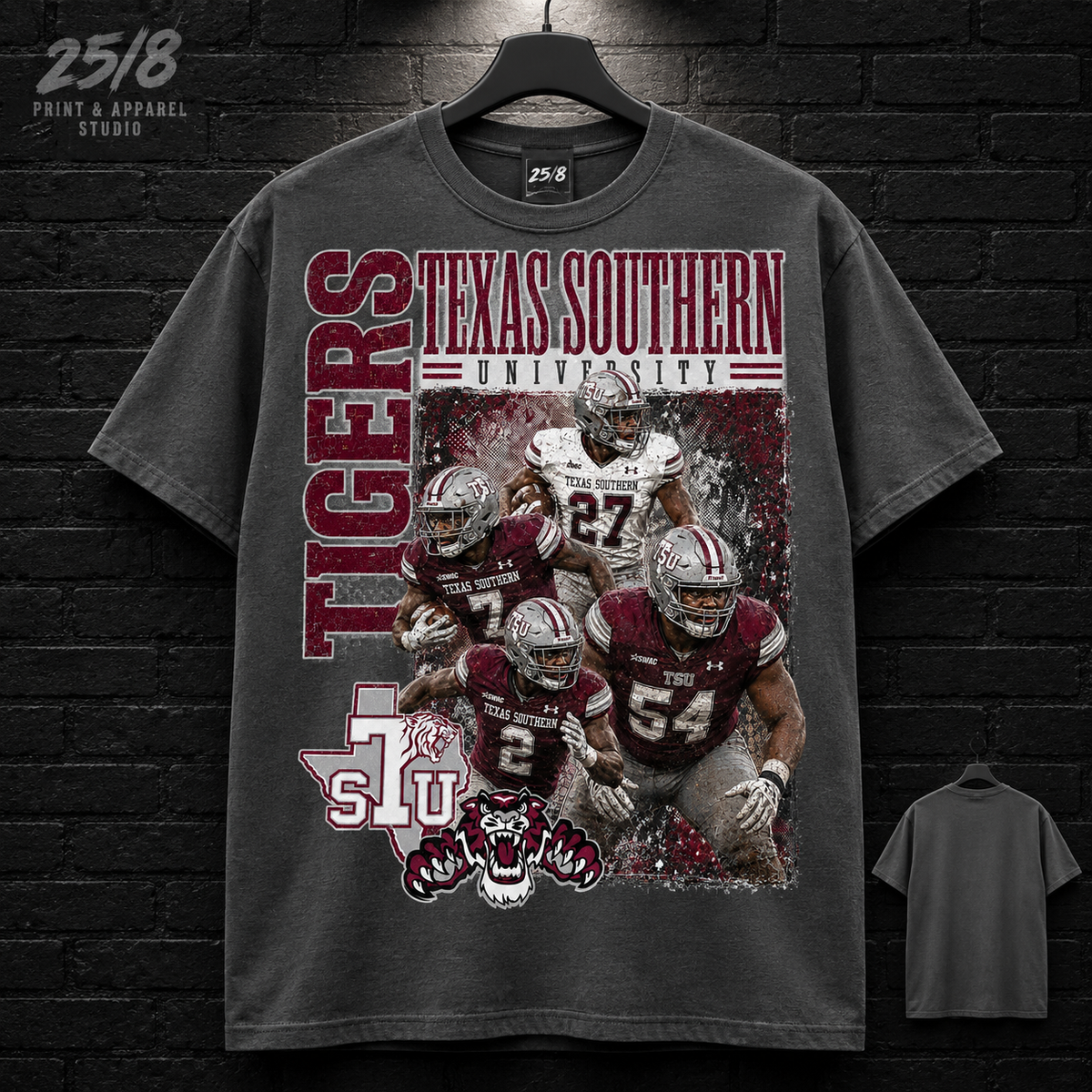 Texas Southern University Tigers Football Legacy charcoal gray T-shirt mockup with plain back view.