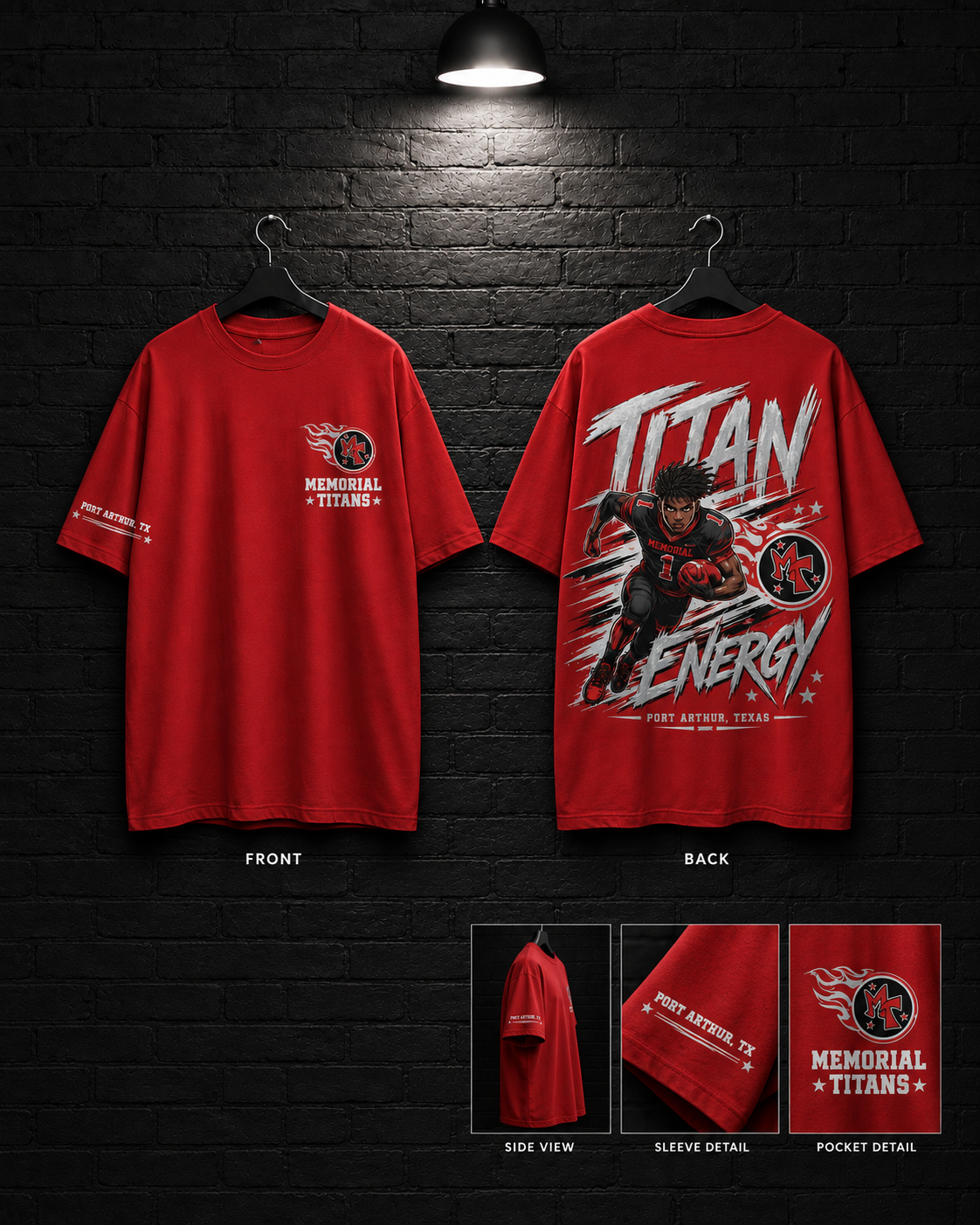 Memorial Titan Energy Tee mockup in red, showing small chest graphic and large back graphic.