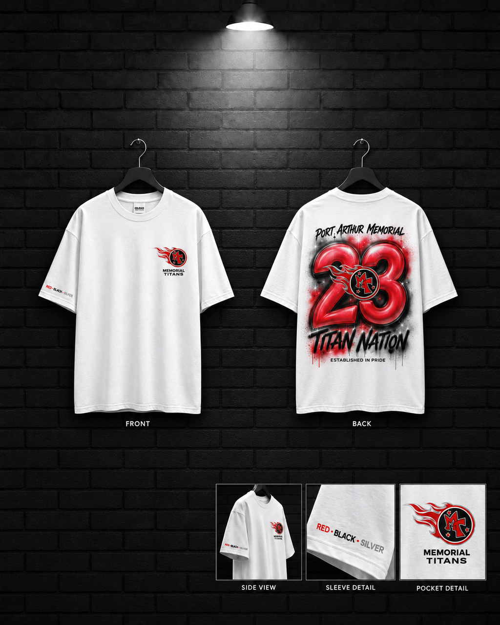 Memorial Titan Nation 23 Tee mockup in white, showing small chest graphic and large back graphic.