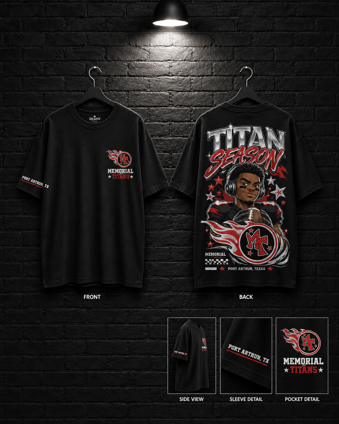 Memorial Titan Season Graphic Tee mockup in black, showing small chest graphic and large back graphic.