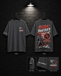Memorial Titan Takeover Graphic Tee mockup in charcoal, showing small chest graphic and large back graphic.