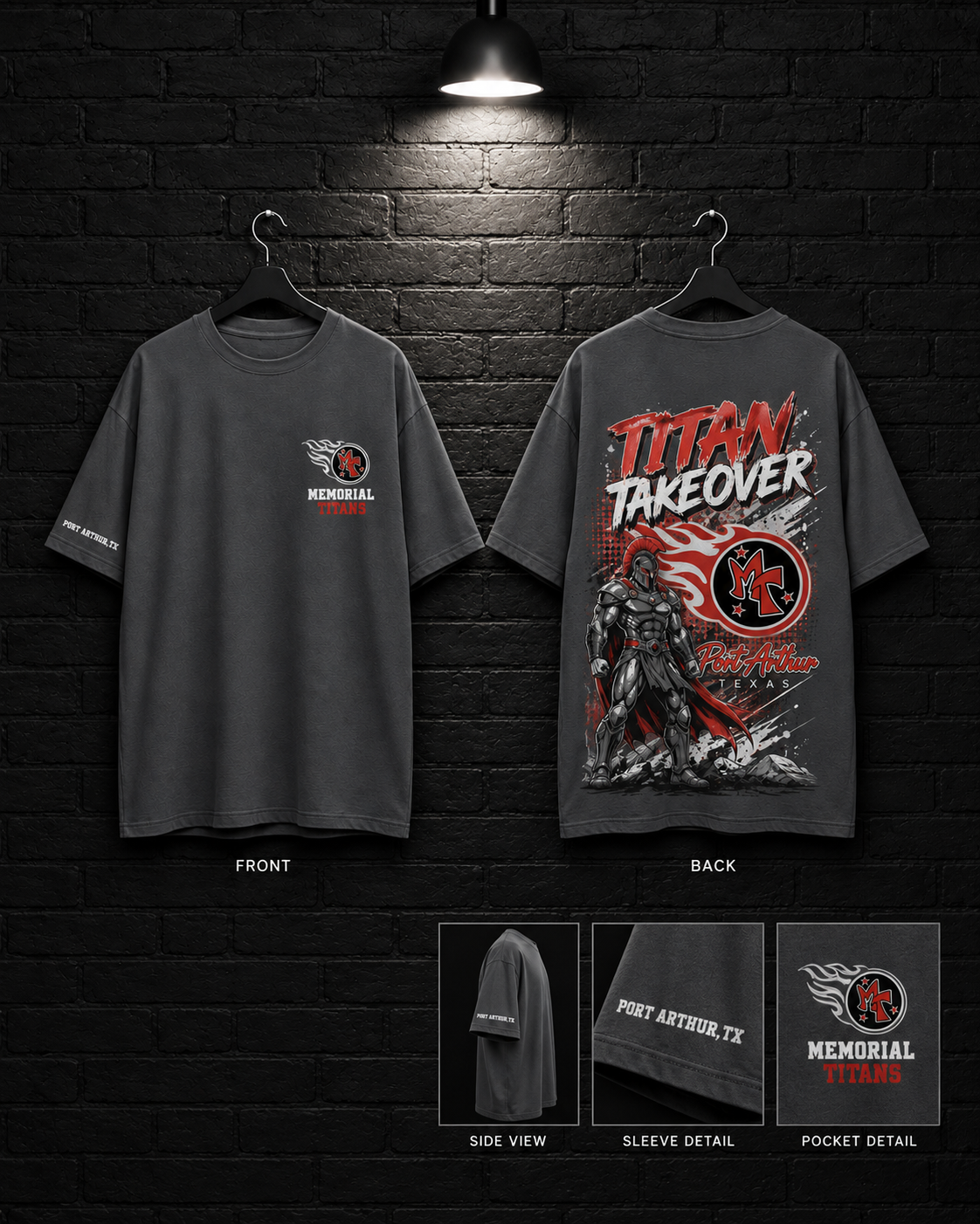 Memorial Titan Takeover Graphic Tee mockup in charcoal, showing small chest graphic and large back graphic.