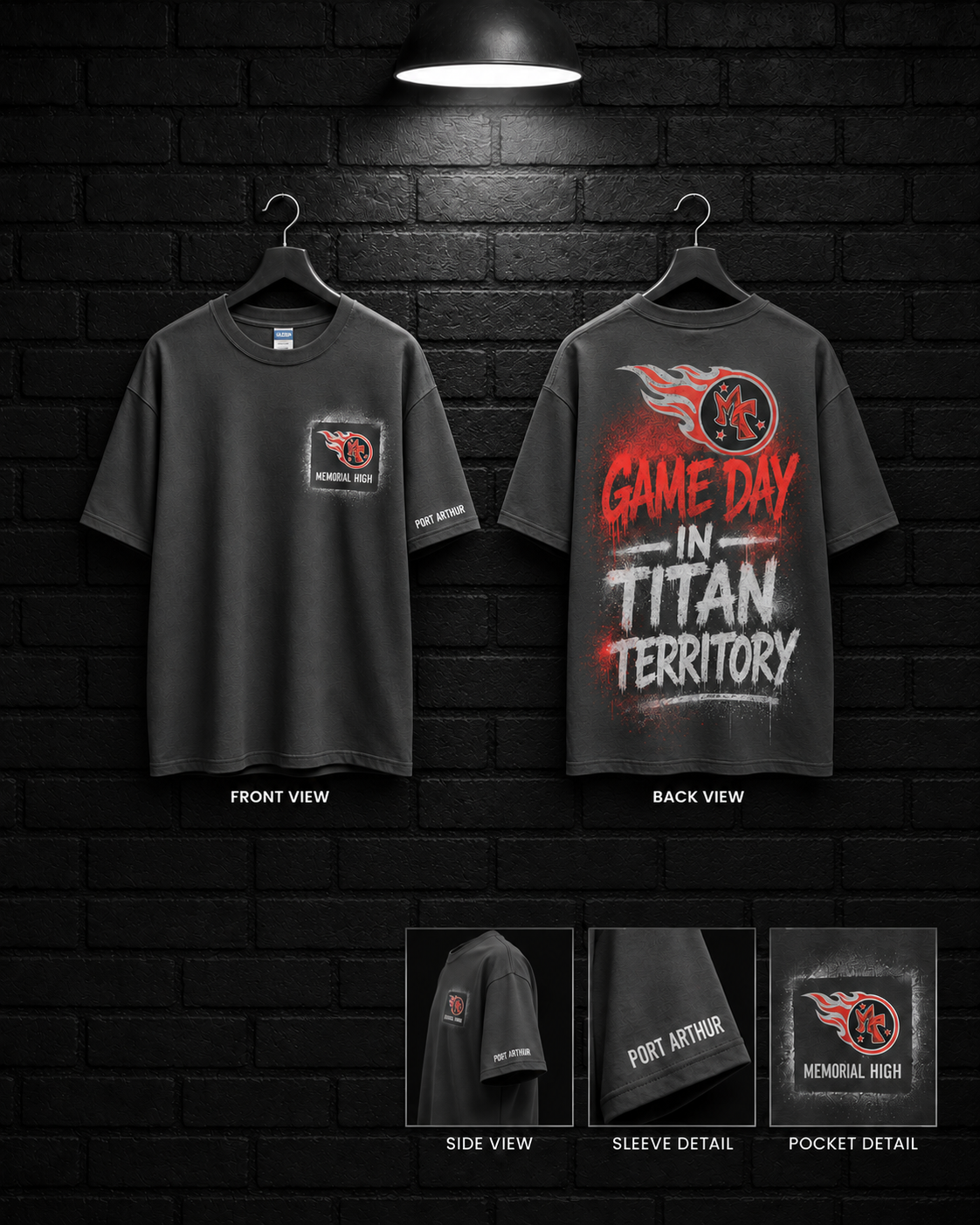 Memorial Game Day in Titan Territory Tee mockup in charcoal, showing small chest graphic and large back graphic.