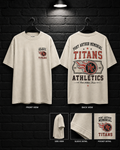 Port Arthur Memorial Titans Athletics Tee mockup in cream, showing small chest graphic and large back graphic.