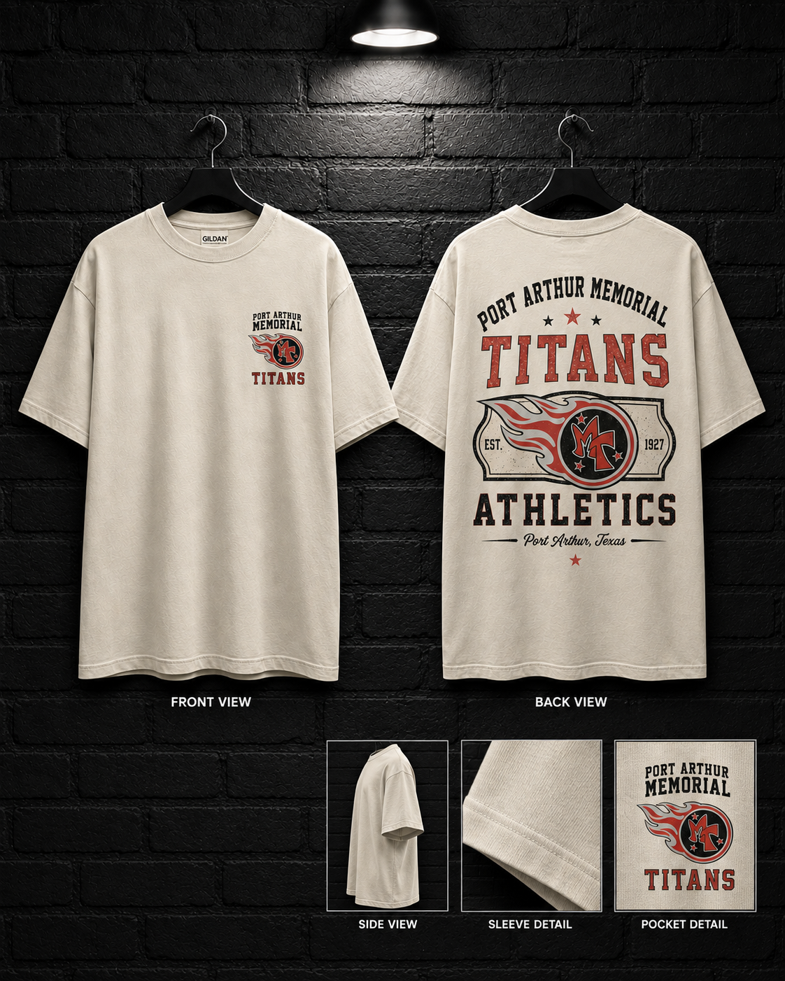 Port Arthur Memorial Titans Athletics Tee mockup in cream, showing small chest graphic and large back graphic.