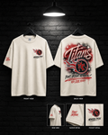 Port Arthur Titans Cream Script Tee mockup in cream, showing small chest graphic and large back graphic.
