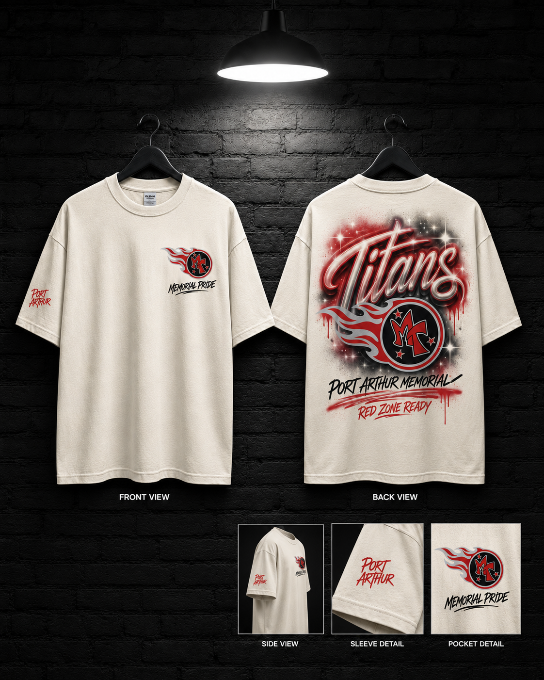 Port Arthur Titans Cream Script Tee mockup in cream, showing small chest graphic and large back graphic.