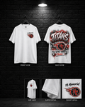 Port Arthur Memorial Titans Star Script Tee mockup in white, showing small chest graphic and large back graphic.