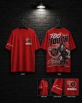 Memorial Titans Too Tough Tee mockup in red, showing small chest graphic and large back graphic.