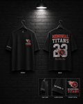 Memorial Titans Varsity 23 Tee mockup in black, showing small chest graphic and large back graphic.