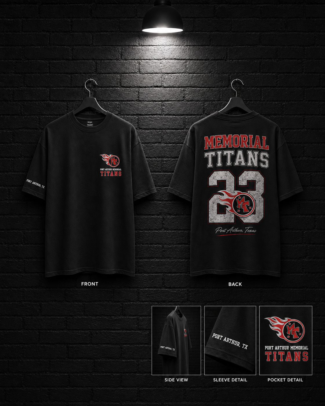 Memorial Titans Varsity 23 Tee mockup in black, showing small chest graphic and large back graphic.