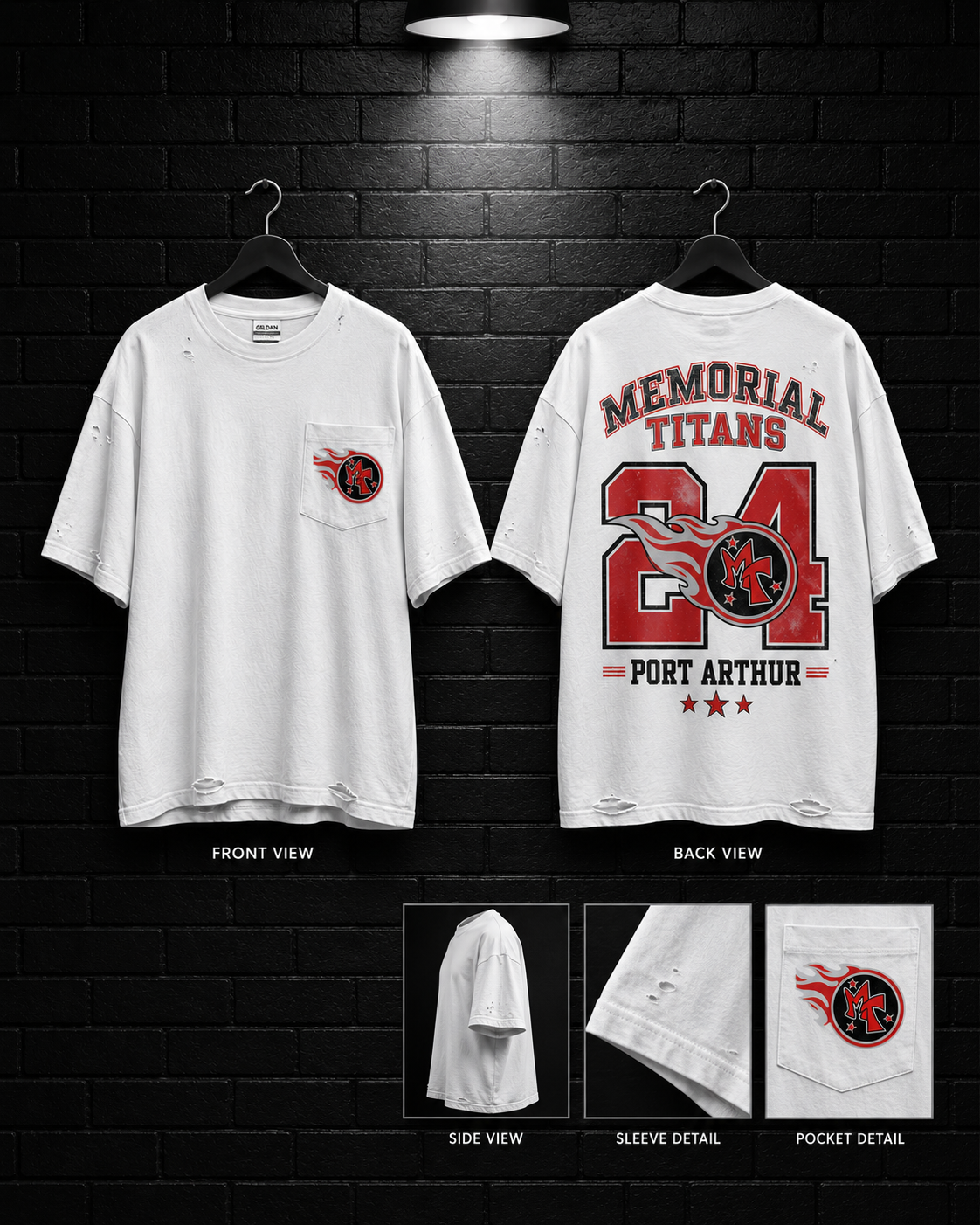 Memorial Titans Varsity 34 Tee mockup in white, showing small chest graphic and large back graphic.